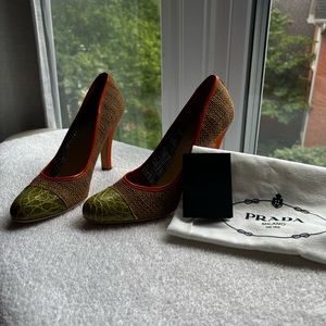 Prada green and orange with natural heels